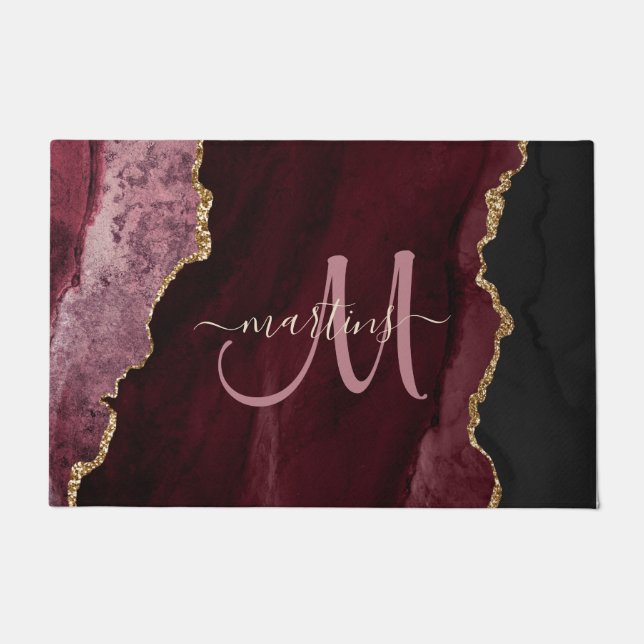 Chic Burgundy Gold Glitter Agate Custom Monogram Doormat (Front)