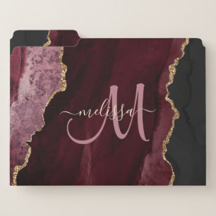 Chic Burgundy Gold Glitter Agate Custom Monogram File Folder