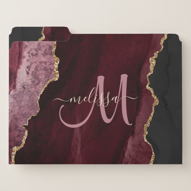 Chic Burgundy Gold Glitter Agate Custom Monogram File Folder (Front Left)