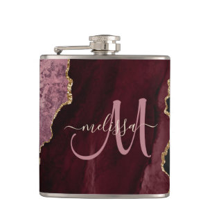 Chic Burgundy Gold Glitter Agate Custom Monogram Flask