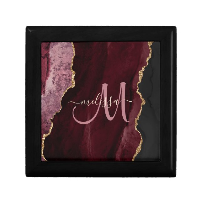 Chic Burgundy Gold Glitter Agate Custom Monogram Gift Box (Front)