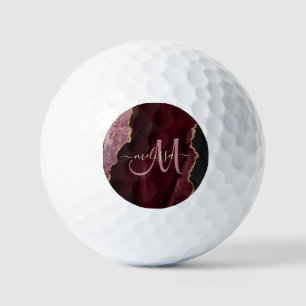 Chic Burgundy Gold Glitter Agate Custom Monogram Golf Balls