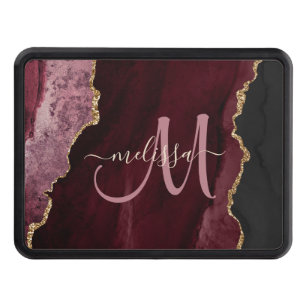 Chic Burgundy Gold Glitter Agate Custom Monogram Hitch Cover
