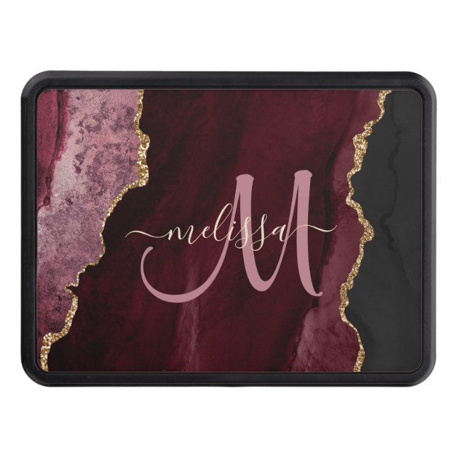 Chic Burgundy Gold Glitter Agate Custom Monogram Hitch Cover (Front)