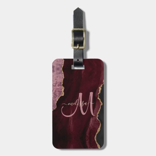 Chic Burgundy Gold Glitter Agate Custom Monogram Luggage Tag