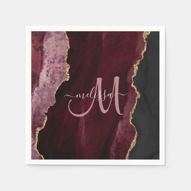 Chic Burgundy Gold Glitter Agate Custom Monogram Napkins (Front)
