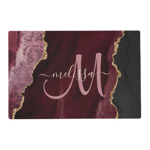 Chic Burgundy Gold Glitter Agate Custom Monogram Placemat