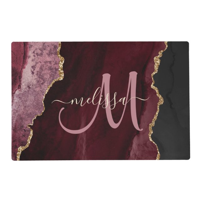 Chic Burgundy Gold Glitter Agate Custom Monogram Placemat (Front)