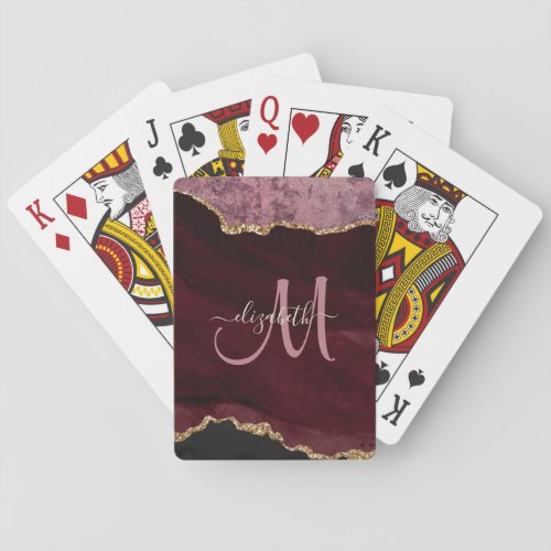 Chic Burgundy Gold Glitter Agate Custom Monogram Poker Cards