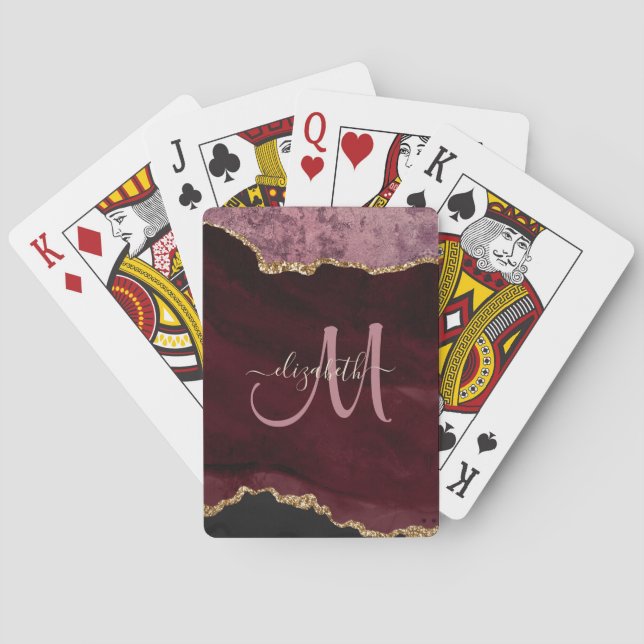 Chic Burgundy Gold Glitter Agate Custom Monogram Poker Cards (Back)