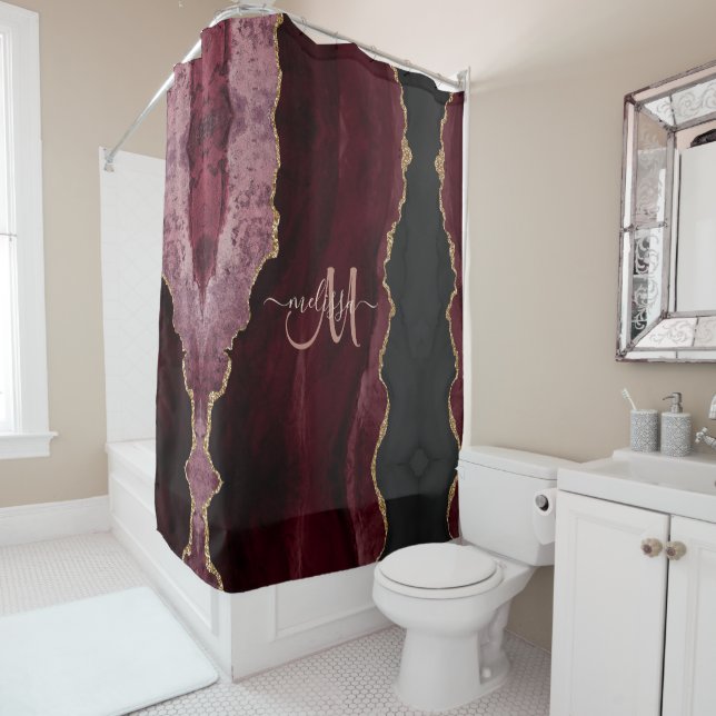 Chic Burgundy Gold Glitter Agate Custom Monogram Shower Curtain (In Situ)