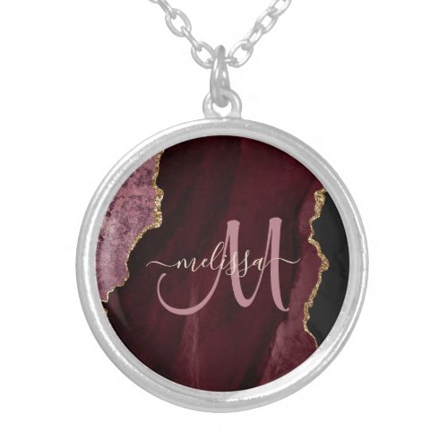 Chic Burgundy Gold Glitter Agate Custom Monogram Silver Plated Necklace