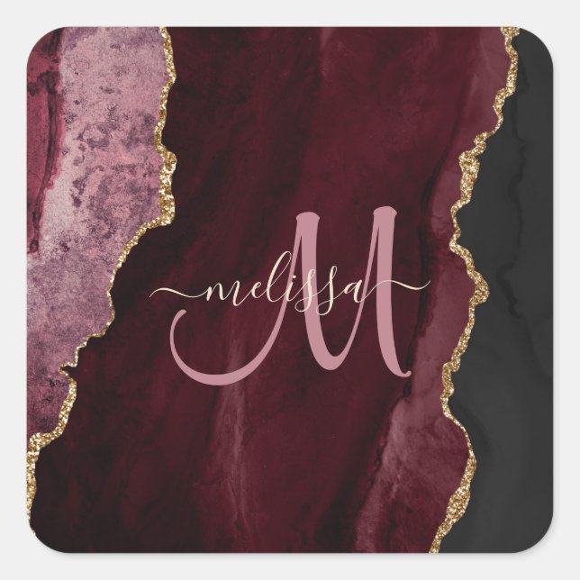 Chic Burgundy Gold Glitter Agate Custom Monogram Square Sticker (Front)