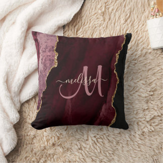 Chic Burgundy Gold Glitter Agate Custom Monogram Throw Pillow
