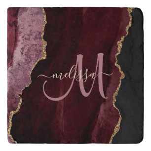 Chic Burgundy Gold Glitter Agate Custom Monogram Trivet