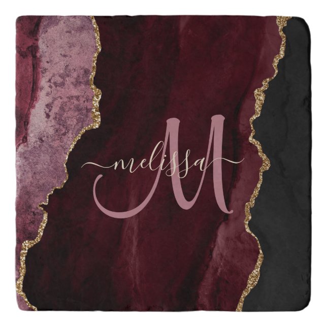 Chic Burgundy Gold Glitter Agate Custom Monogram Trivet (Front)
