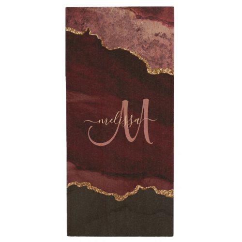 Chic Burgundy Gold Glitter Agate Custom Monogram Wood Flash Drive