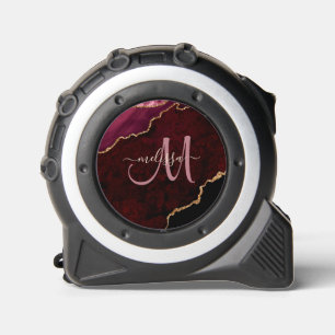 Chic Burgundy Gold Glitter Agate Monogram Name Tape Measure