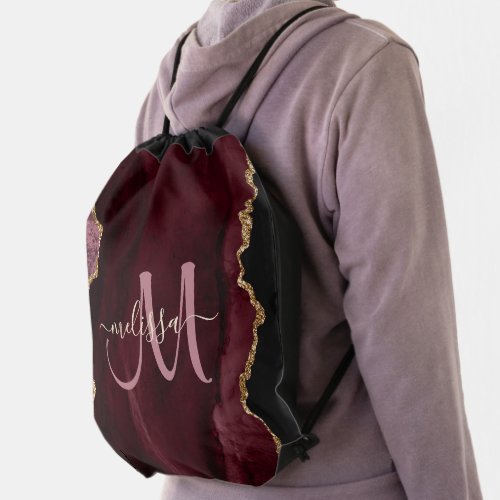 Chic Burgundy Gold Glitter Custom Monogram Drawstring Bag