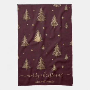 Chic Burgundy gold glitter merry christmas trees Kitchen Towel