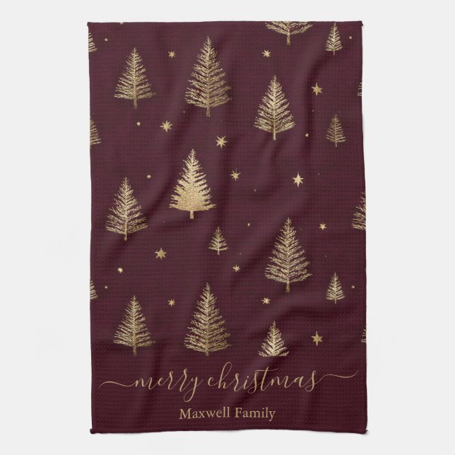 Chic Burgundy gold glitter merry christmas trees  Kitchen Towel (Vertical)