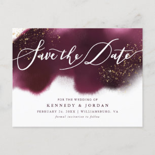 Chic Burgundy Gold Glitter Wedding Save the Date Announcement Postcard