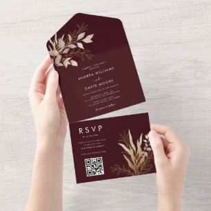 Chic Burgundy Gold Greenery QR Code RSVP Wedding  All In One Invitation