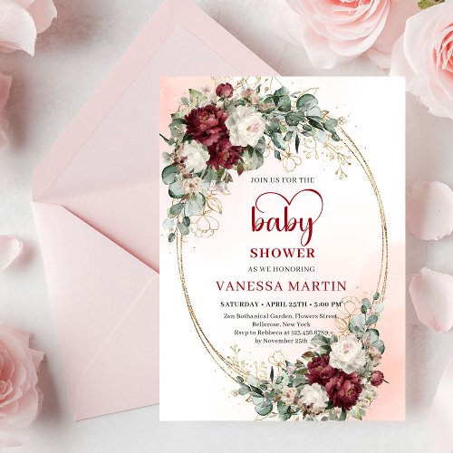 Chic Burgundy Gold Heart-Shaped Font Baby Shower 