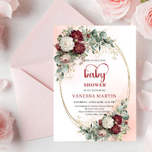 Chic Burgundy Gold Heart-Shaped Font Baby Shower Invitation