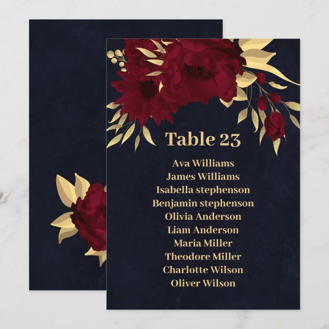 Chic burgundy & gold navy blue seating chart card (Front/Back)