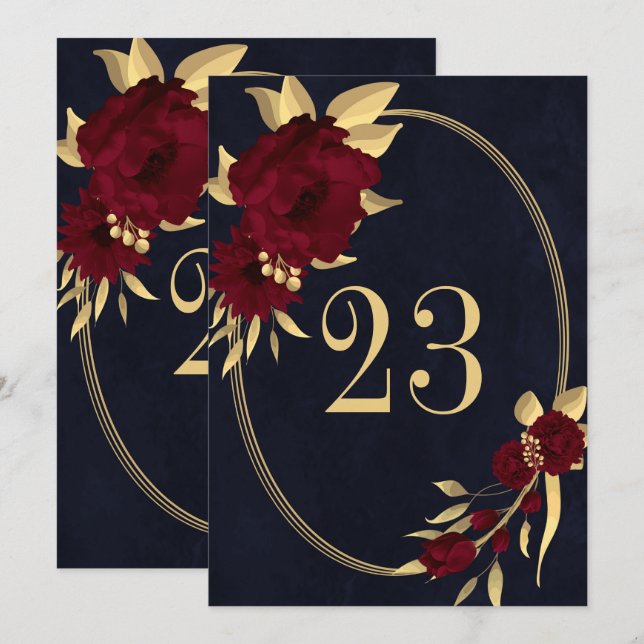 Chic burgundy & gold navy geometric table number (Front/Back)