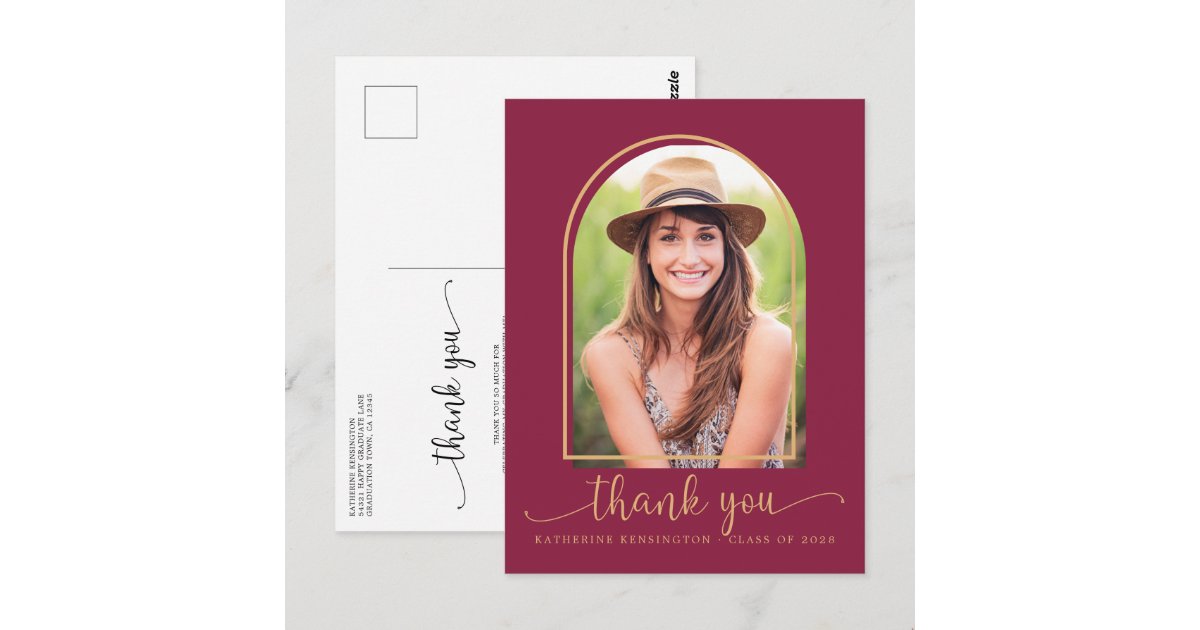 Chic Burgundy Gold Photo Graduation Thank You Postcard | Zazzle