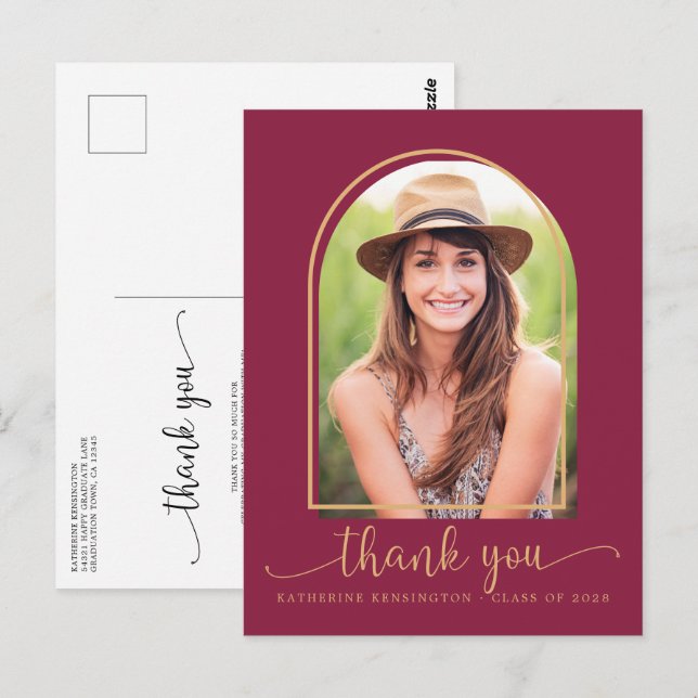 Chic Burgundy Gold Photo Graduation Thank You Postcard (Front/Back)