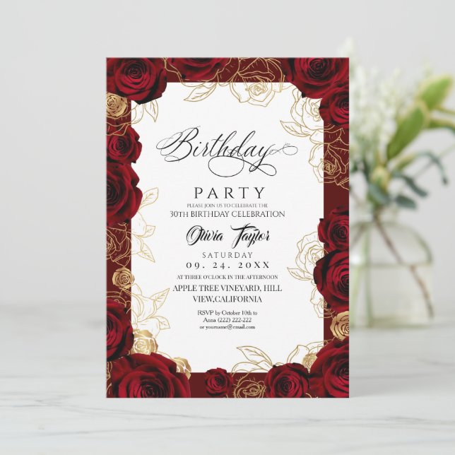 Chic Burgundy Gold Rose Birthday Invitation (Standing Front)