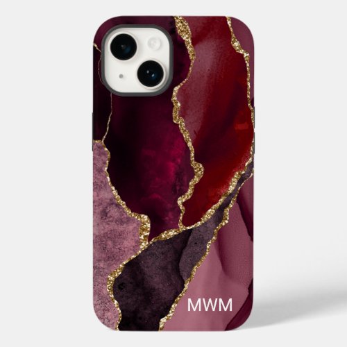 Chic Burgundy Gold Veins Agate Monogram Case_Mate iPhone 14 Case