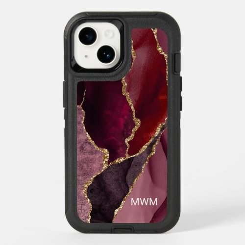 Chic Burgundy Gold Veins Agate Monogram OtterBox iPhone 14 Case