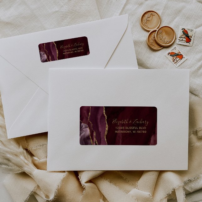 Chic Burgundy Gold Wedding Return Address Label (Creator Uploaded)