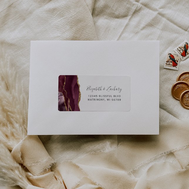 Chic Burgundy Gold Wedding RSVP Self-Address Label (Creator Uploaded)