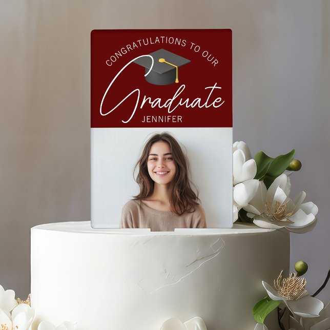 Chic Burgundy Graduate Photo 2026 Graduation Party Cake Topper (Creator Uploaded)