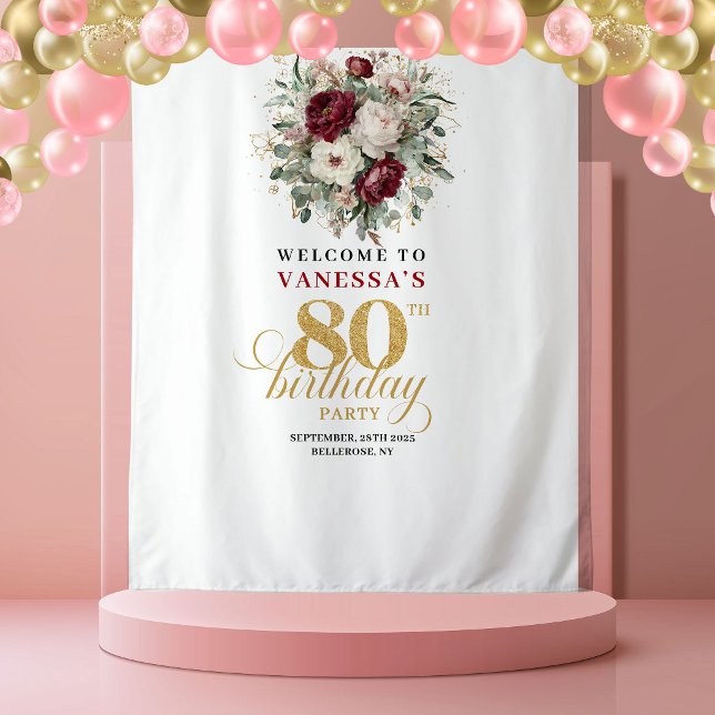 Chic Burgundy Greenery 80th Birthday Tapestry (Chic Burgundy Greenery 80th Birthday Tapestry)
