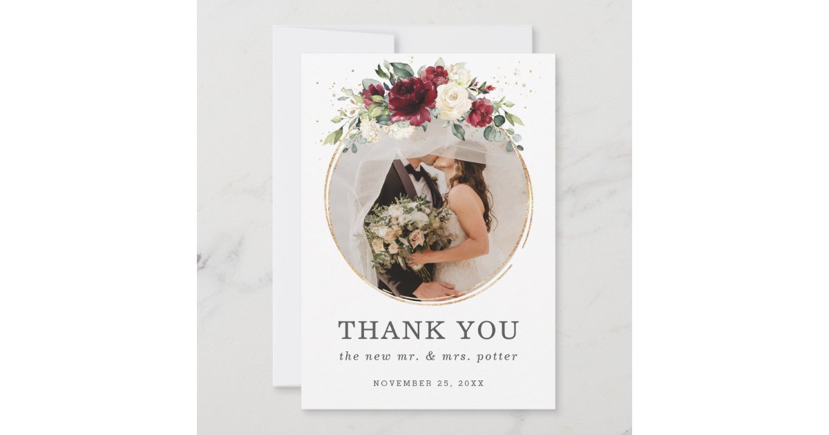 Chic Burgundy Ivory Floral Wedding Photo Wedding Thank You Card | Zazzle