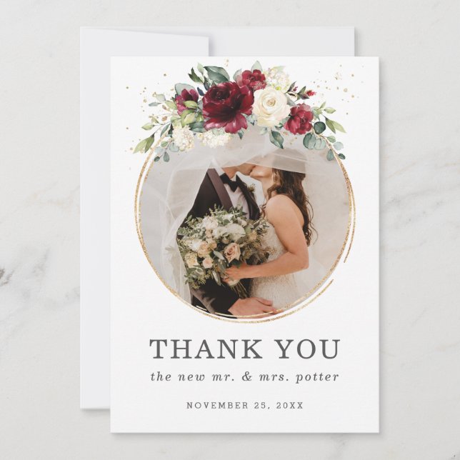Chic Burgundy Ivory Floral Wedding Photo Wedding Thank You Card (Front)