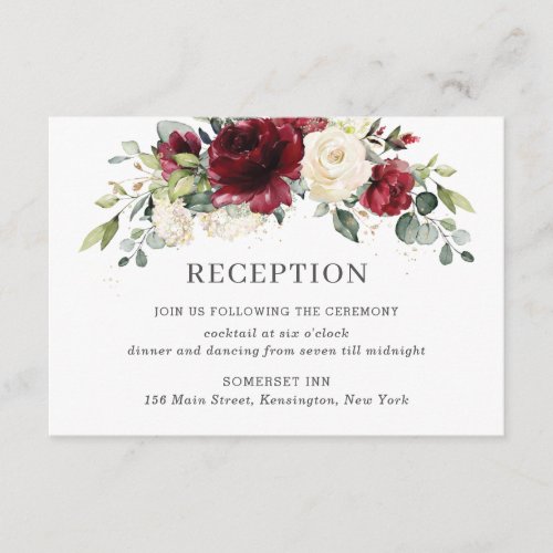 Chic Burgundy Ivory Floral Wedding Reception Enclosure Card