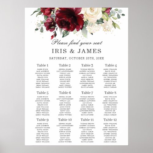 Chic Burgundy Ivory Floral Wedding Seating Chart