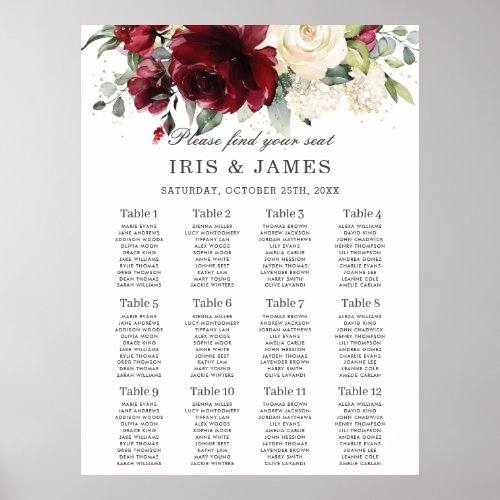 Chic Burgundy Ivory Floral Wedding Seating Chart