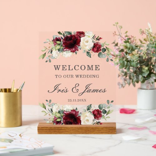 Chic Burgundy Ivory Floral Wedding Welcome Acrylic Sign