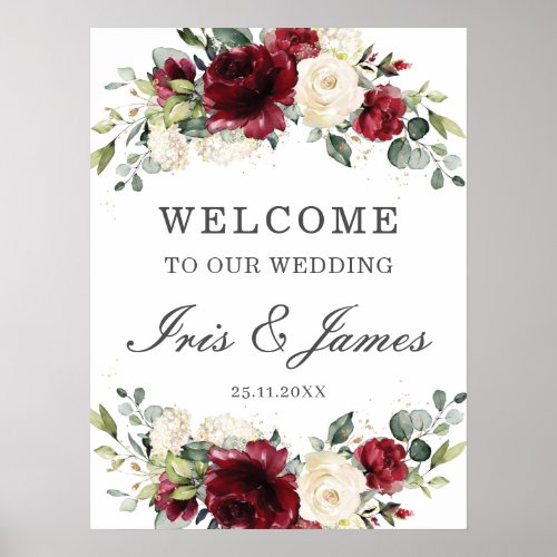 Chic Burgundy Ivory Floral Wedding Welcome Sign