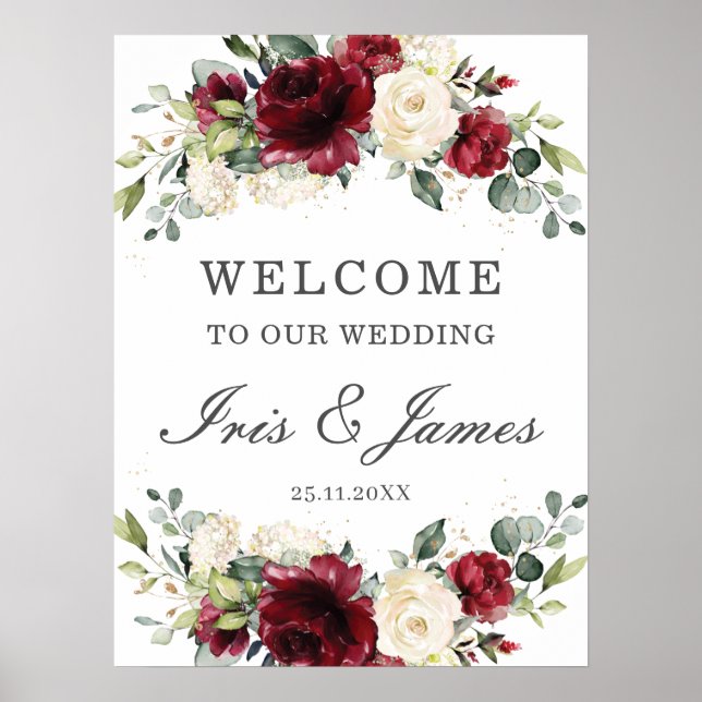 Chic Burgundy Ivory Floral Wedding Welcome Sign (Front)