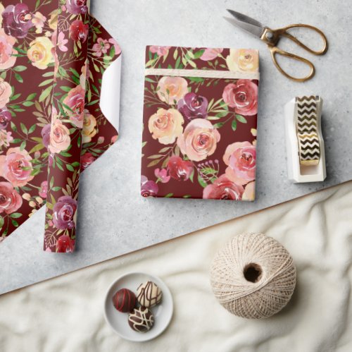 Chic Burgundy Ivory Peony Floral Wedding Wrapping Paper