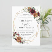 Chic Burgundy Ivory Rust Floral Wedding Geometric Invitation (Standing Front)